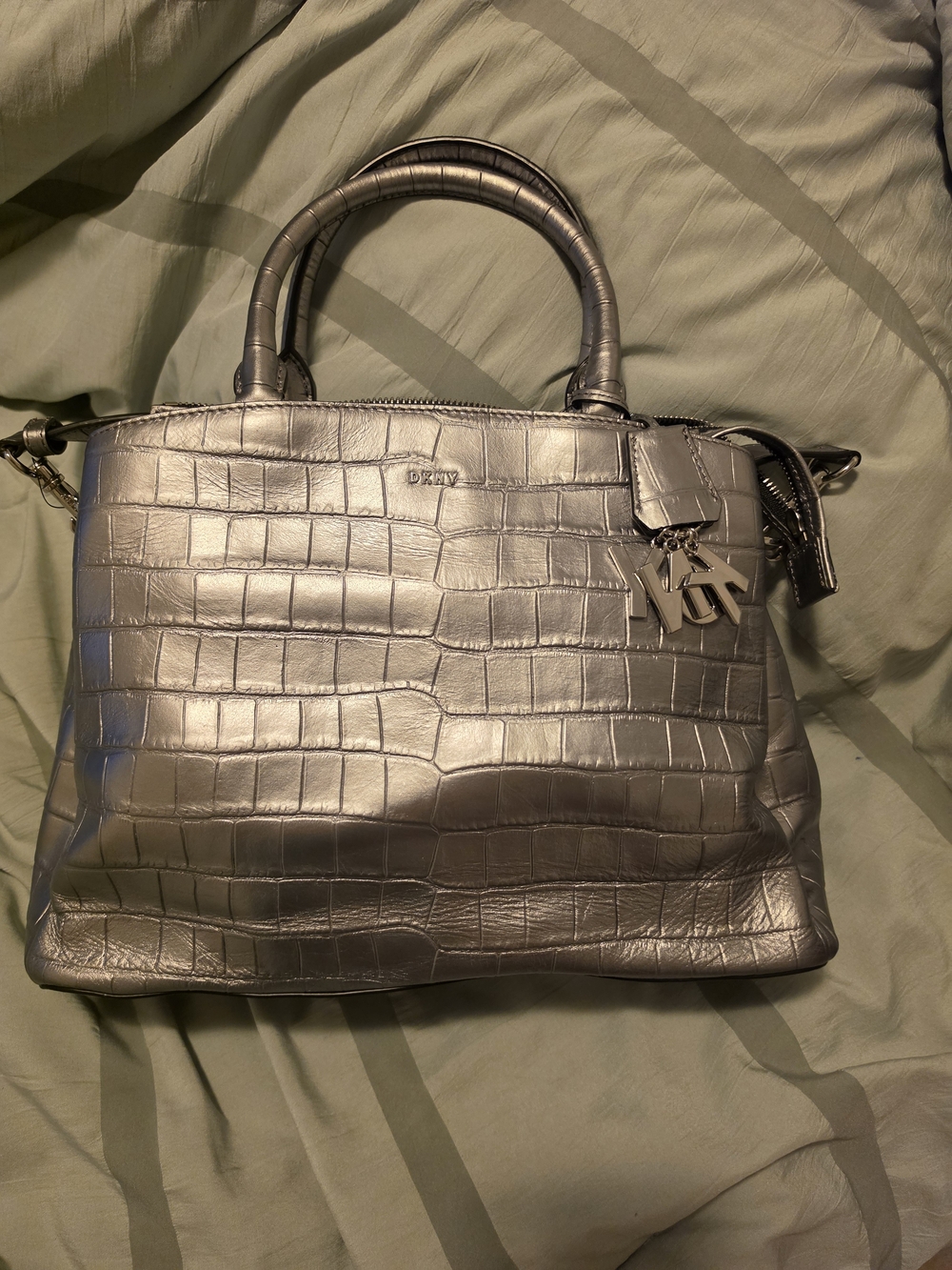 DKNY Silver Croc-Embossed Top-Handle Satchel